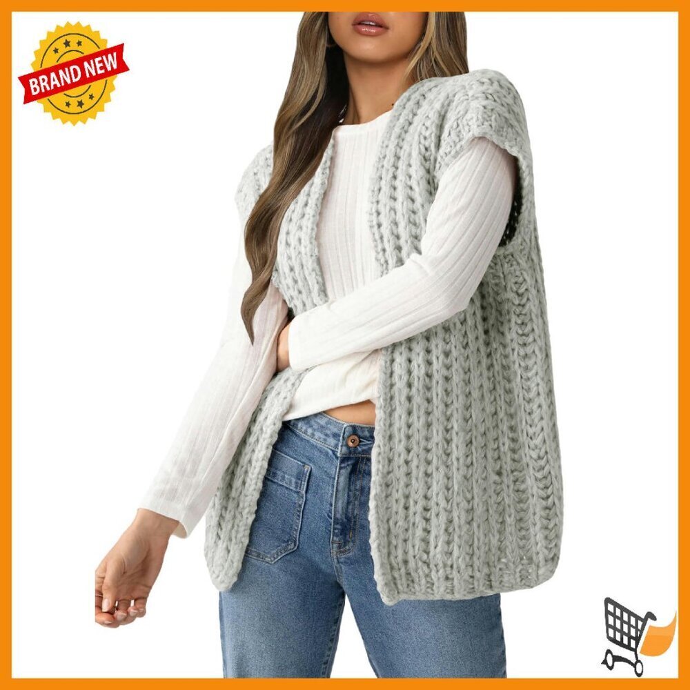 Sleeveless Chunky Knit Sweater Vest Open Front Cardigan Womens